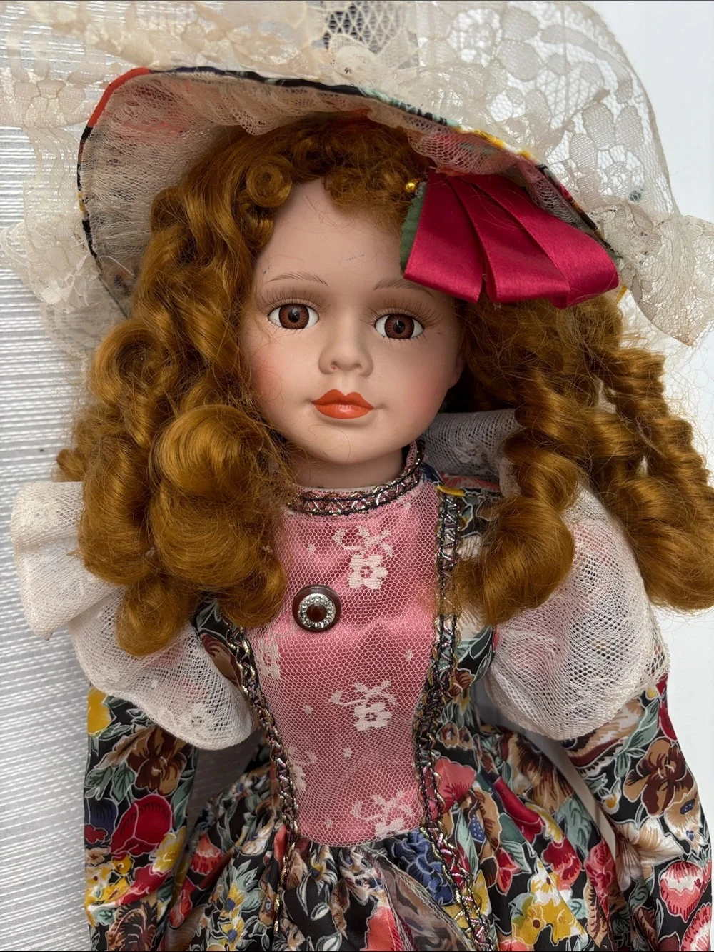 Unique Vintage Porcelain Doll in Pink Floral Gown with Lace Hat